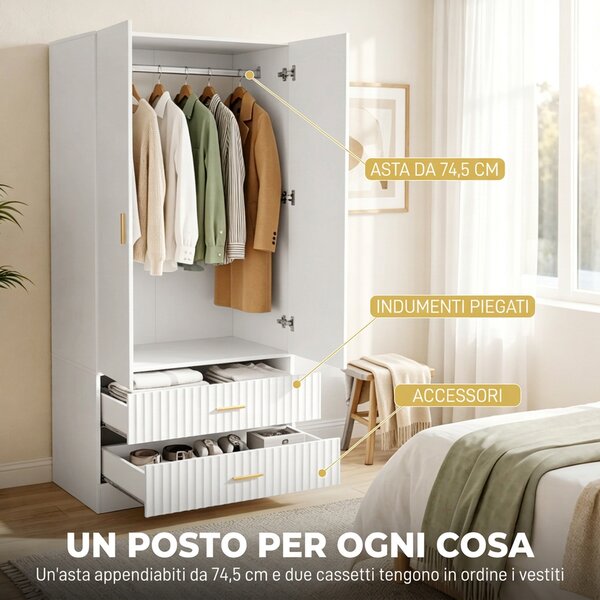HOMCOM Armadio Guardaroba 170 cm con Asta Appendiabiti, 2 Ante e 2 Cassetti Scanalati per Camera da Letto, Bianco | Aosom Italy
