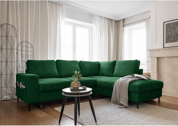 Divano letto angolare in velluto a coste verde scuro (angolo destro) Lofty Lilly - Miuform