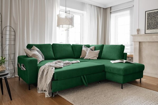 Divano letto angolare in velluto a coste verde scuro (angolo destro) Lofty Lilly - Miuform