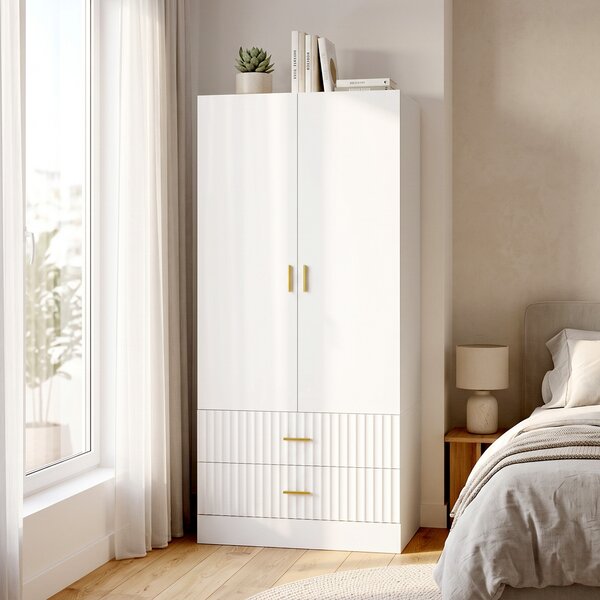 HOMCOM Armadio Guardaroba 170 cm con Asta Appendiabiti, 2 Ante e 2 Cassetti Scanalati per Camera da Letto, Bianco | Aosom Italy