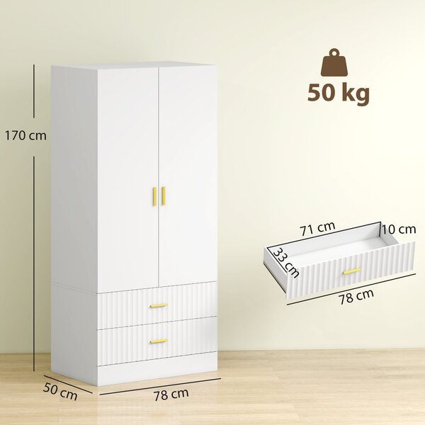HOMCOM Armadio Guardaroba 170 cm con Asta Appendiabiti, 2 Ante e 2 Cassetti Scanalati per Camera da Letto, Bianco | Aosom Italy