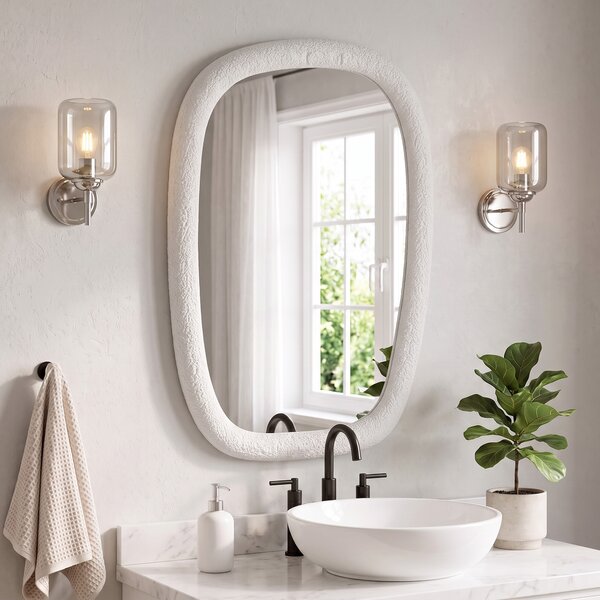 HOMCOM Specchio da Parete Irregolare 60 cm, Specchio da Bagno con Vetro Temperato e Cornice Effetto Pietra, Bianco | Aosom Italy