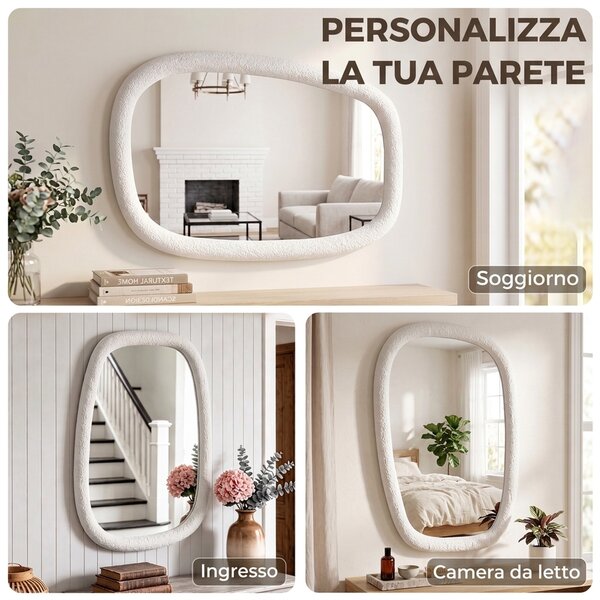HOMCOM Specchio da Parete Irregolare 60 cm, Specchio da Bagno con Vetro Temperato e Cornice Effetto Pietra, Bianco | Aosom Italy