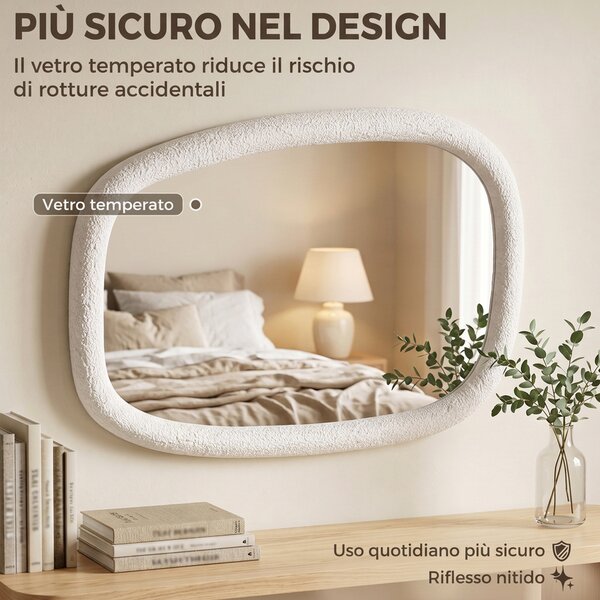 HOMCOM Specchio da Parete Irregolare 60 cm, Specchio da Bagno con Vetro Temperato e Cornice Effetto Pietra, Bianco | Aosom Italy
