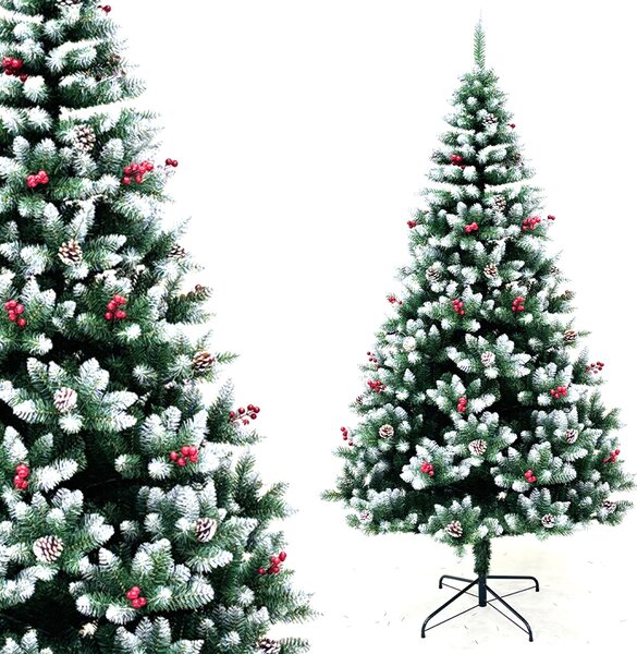 Albero di Natale Innevato Mingerl 180 cm 800 Rami Super Folto con Pigne e Bacche Rosse in Metallo Verde