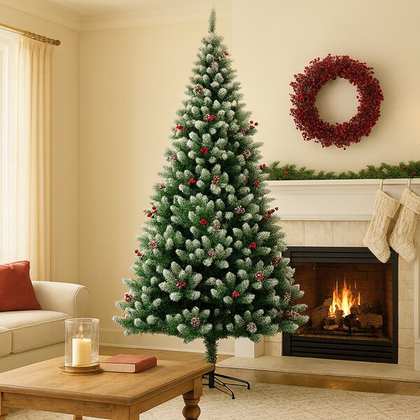 Albero di Natale Innevato Mingerl 180 cm 800 Rami Super Folto con Pigne e Bacche Rosse in Metallo Verde