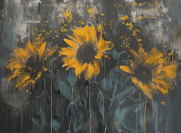 Carta da parati Dipinto astratto di girasoli, sfondo grigio scuro e toni, Carta da parati Floreale, Carta da parati Fiori grandi, w01480 : Uwalls.it