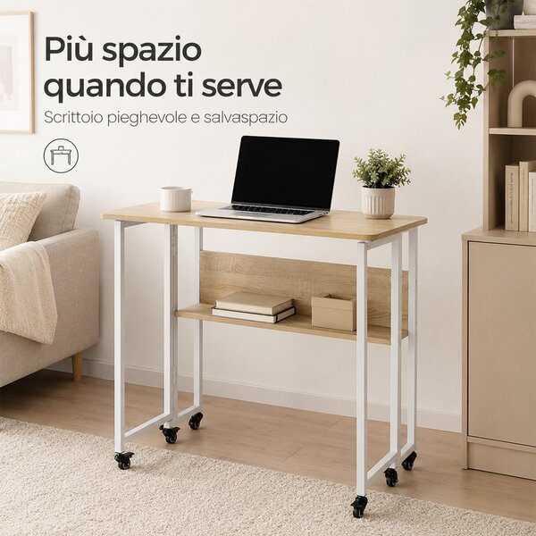 Tavolo Scrivania Pieghevole 80x58x79,5 cm con 4 Ruote con Freno in MDF e Ferro