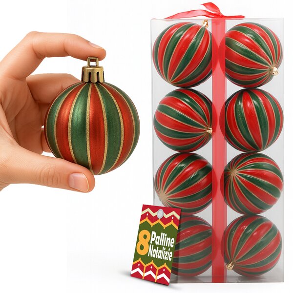 Box 8 Palle di Natale Ø10 cm in Plastica Rosso e Verde