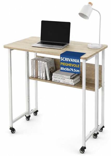 Tavolo Scrivania Pieghevole 80x58x79,5 cm con 4 Ruote con Freno in MDF e Ferro