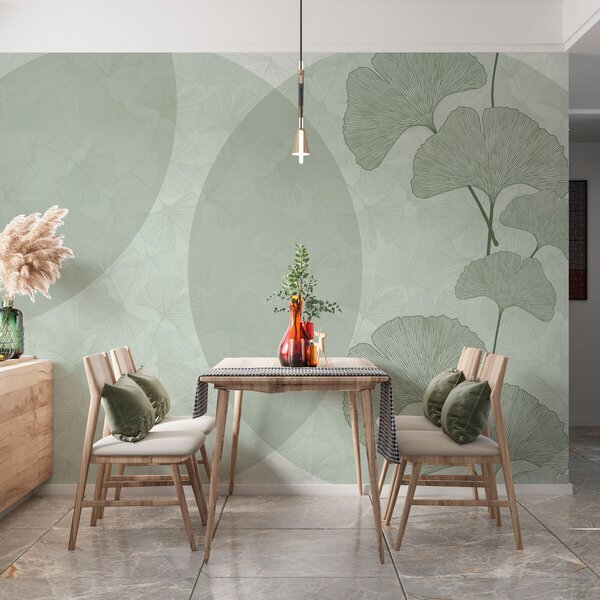 Carta da parati Grandi foglie di ginkgo e geometria di colore verde, Carta da parati 3D, Fotomurali Foglie 3D, w01465v2 : Uwalls.it