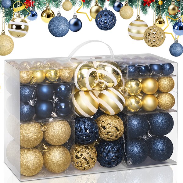 Set 100 Palline di Natale Ø3-4-6 cm con Gancio in Plastica Oro e Blu