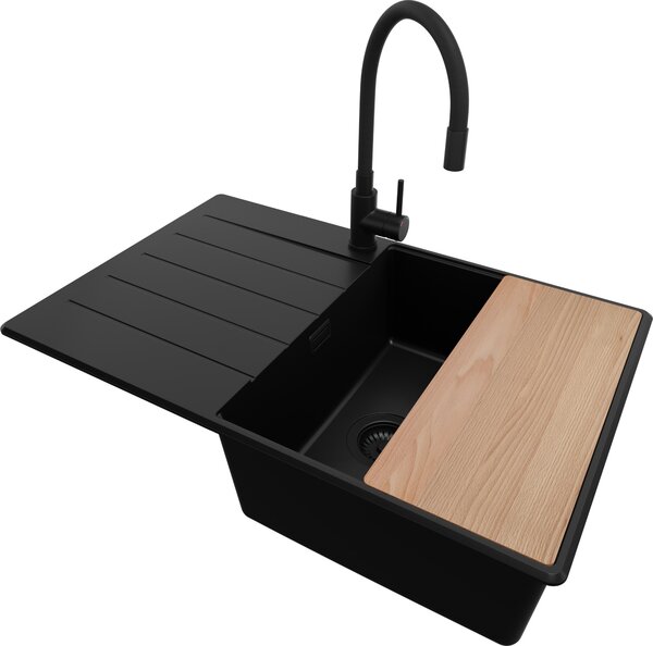 Lavello in granito PRIMAGRAN Tutto nero 78x50cm, lavello 1 vasca + set di scarico + set di accessori da cucina, lavello da cucina da 50 cm base - Copenaghen