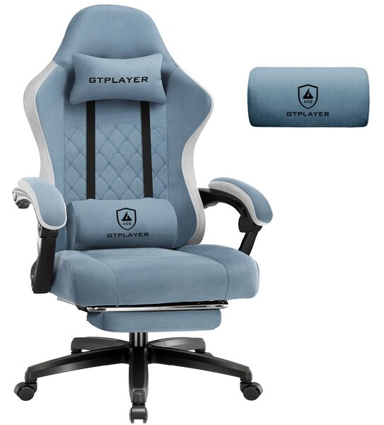 Sedia da gaming GTPLAYER, rivestita in tessuto, con imbottitura a molle, sedia girevole ergonomica, sedia da gaming con poggiapiedi, capacità di carico fino a 150 kg, colore azzurro chiaro