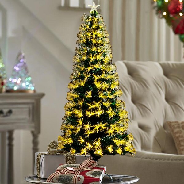 Albero di Natale Luminoso 60 cm con 65 LED a Fibra Ottica 8 Giochi di Luce e Stella LED in PVC Verde