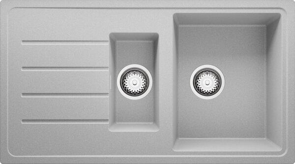 Lavello PRIMAGRAN grigio 90x50cm, lavello in granito 1,5 vasche + set di scarico, lavello per cucina da base 60 cm - Copenhagen Duo
