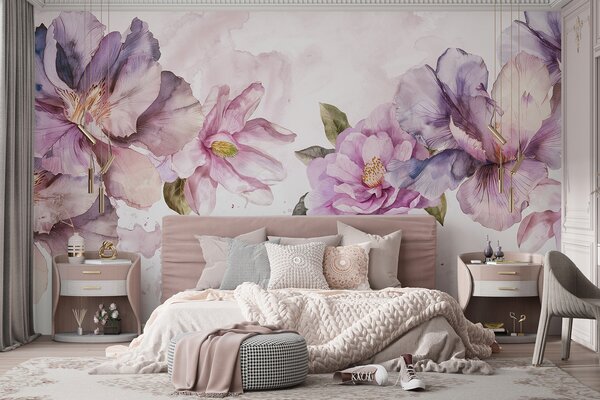 Carta da parati Delicati fiori rosa e viola ad acquerello con petali morbidi e foglie verdi su uno, Carta da parati Floreale, w08238 : Uwalls.it