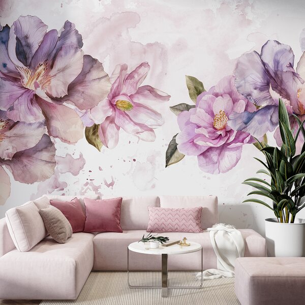 Carta da parati Delicati fiori rosa e viola ad acquerello con petali morbidi e foglie verdi su uno, Carta da parati Floreale, w08238 : Uwalls.it