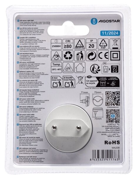 Aigostar - Lampada notturna LED con sensore LED/0,5W/230V 3000K