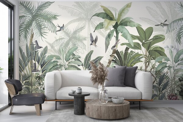 Carta da parati Una lussureggiante scena di giungla tropicale con varie palme, grandi foglie e fiori, Carta da parati Natura, w08239 : Uwalls.it