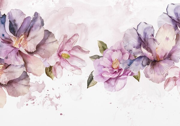 Carta da parati Delicati fiori rosa e viola ad acquerello con petali morbidi e foglie verdi su uno, Carta da parati Floreale, w08238 : Uwalls.it