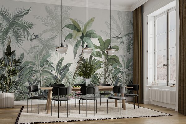 Carta da parati Una lussureggiante scena di giungla tropicale con varie palme, grandi foglie e fiori, Carta da parati Natura, w08239 : Uwalls.it