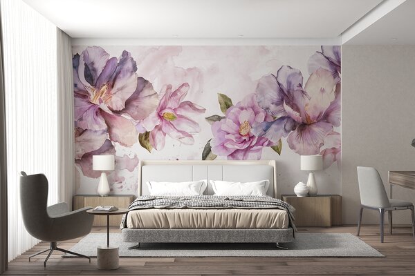 Carta da parati Delicati fiori rosa e viola ad acquerello con petali morbidi e foglie verdi su uno, Carta da parati Floreale, w08238 : Uwalls.it