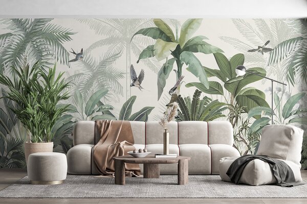 Carta da parati Una lussureggiante scena di giungla tropicale con varie palme, grandi foglie e fiori, Carta da parati Natura, w08239 : Uwalls.it