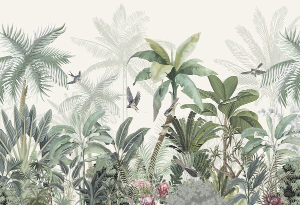 Carta da parati Una lussureggiante scena di giungla tropicale con varie palme, grandi foglie e fiori, Carta da parati Natura, w08239 : Uwalls.it