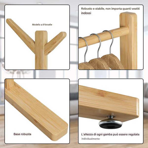 Stand Appendiabiti in Bambù 65x40x132-170 cm con 8 Ganci e Barra Portata 120 kg Quercia