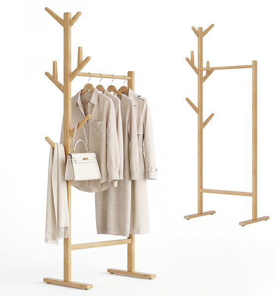 Stand Appendiabiti in Bambù 65x40x132-170 cm con 8 Ganci e Barra Portata 120 kg Quercia