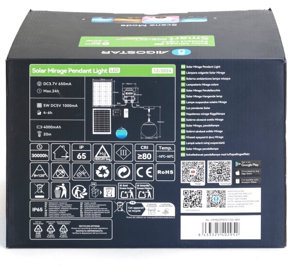 Aigostar-LED RGBW Lampadario solare MESH 20W/3,7V 4000 mAh 2700K-6500K IP65 d. 15 cm