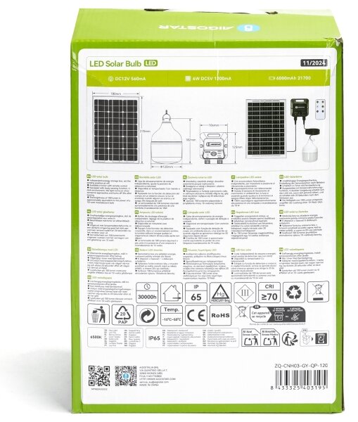 Aigostar - Lampadario solare LED con sensore LED/70W/12V 6000 mAh 6500K diametro 12 cm