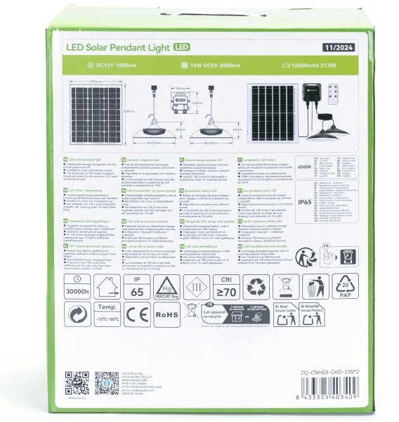 Aigostar - Lampadario solare LED 2xLED/70W/12V 12000 mAh 6500K diametro 23,5 cm