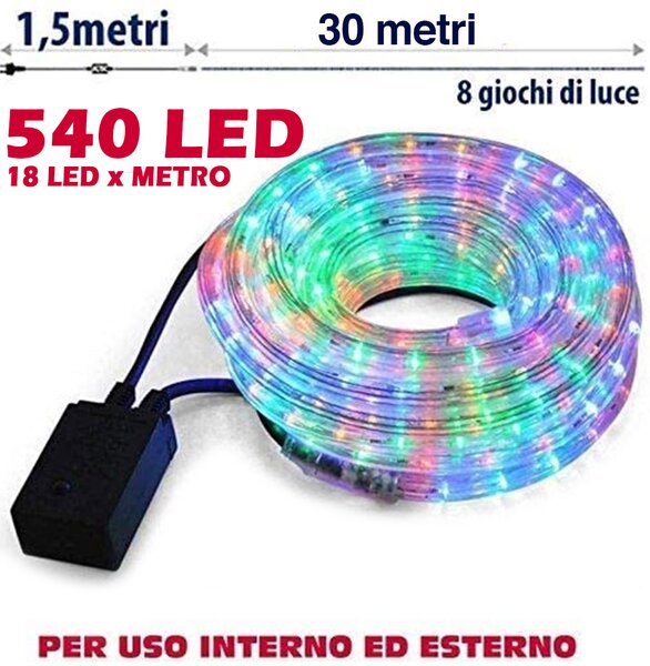 Tubo Luminoso LED 30 m 540 Luci da Interno ed Esterno IP44 Multicolore
