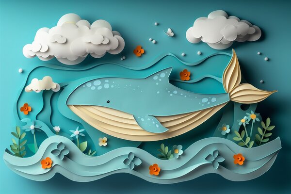 Carta da parati Balena giocosa tra le nuvole in stile carta tagliata, effetto 3D, Carta da parati Mare, w01496 : Uwalls.it