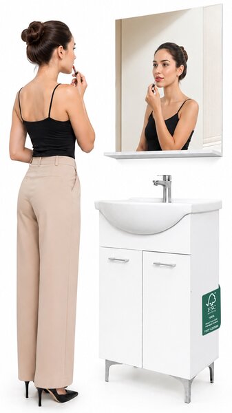 Mobile Bagno da Terra 52,5x31x88,5 cm con Lavabo Specchio e 2 Ante in Truciolato e MDF Bianco