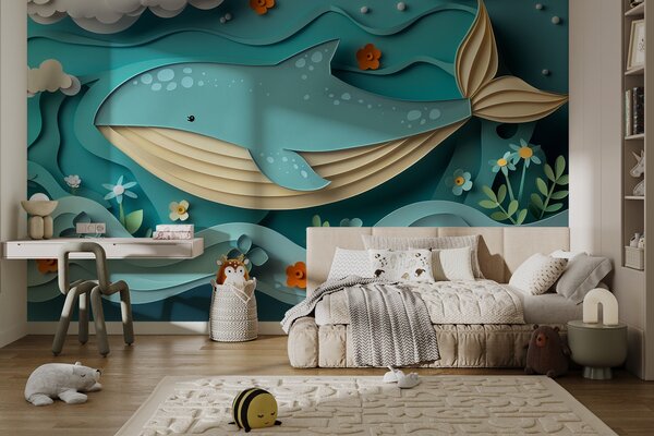 Carta da parati Balena giocosa tra le nuvole in stile carta tagliata, effetto 3D, Carta da parati Mare, w01496 : Uwalls.it
