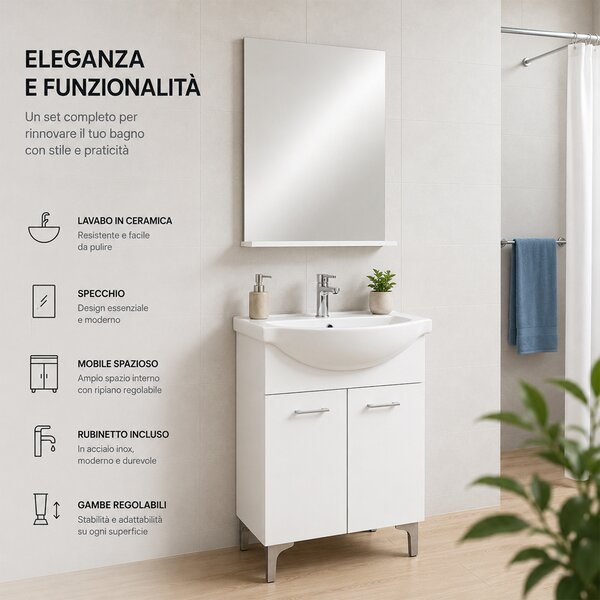 Mobile Bagno da Terra 52,5x31x88,5 cm con Lavabo Specchio e 2 Ante in Truciolato e MDF Bianco