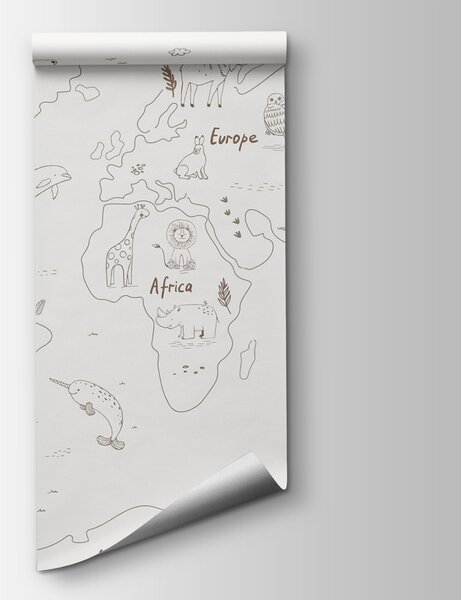 Carta da parati Mappa del mondo con animali, Carta da parati mappe del mondo, Carta da parati popolare, w01502 - Tapeko.it