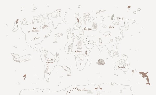 Carta da parati Mappa del mondo con animali, Carta da parati mappe del mondo, Carta da parati popolare, w01502 - Tapeko.it