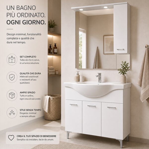 Mobile Bagno da Terra 101x34x88,5 cm con Lavabo Specchio con Pensile 81,5x19x103,5 cm e 3 Ante Bianco
