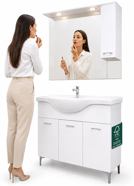 Mobile Bagno da Terra 101x34x88,5 cm con Lavabo Specchio con Pensile 81,5x19x103,5 cm e 3 Ante Bianco