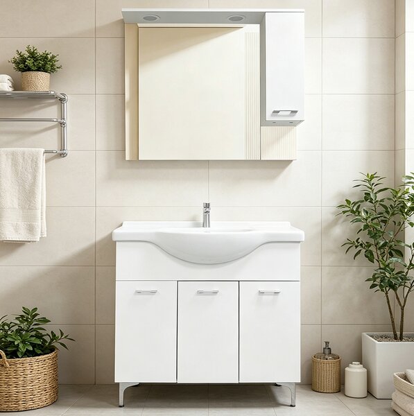 Mobile Bagno da Terra 82x34,7x88,5 cm con Lavabo Specchiera e 3 Ante in Truciolato e MDF Bianco