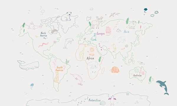 Carta da parati Mappa del mondo con animali e testo, Carta da parati Mare, Carta da parati popolare, w01502v1 - Tapeko.it