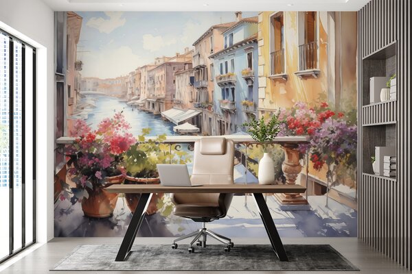 Carta da parati Acquerello di un fiume con una fila di edifici e fiori su un balcone, Carta da parati acquerello sul muro, Carta da parati popolare, w01052 - Tapeko.it