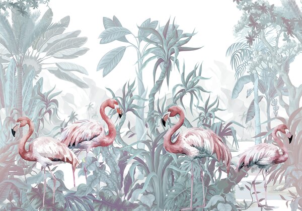 Carta da parati Fenicotteri rosa in piedi in un lussureggiante fogliame tropicale, con grandi foglie, Carta da parati Natura, w08250v1 : Uwalls.it