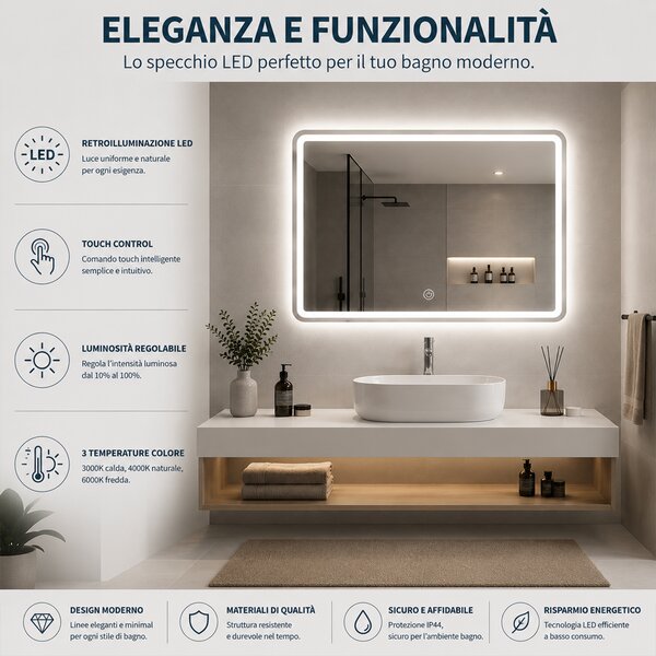 Specchio da Bagno Rettangolare 80x60 cm con Luce LED Dimmerabile 3 Temperature di Colore e Comando Touch
