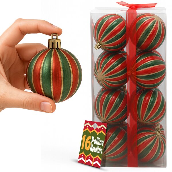 Box 16 Palle di Natale Ø8 cm in Plastica Rosso e Verde