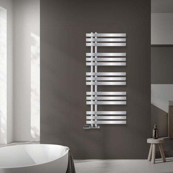 Radiatore da bagno LuxeBath Design, 500x1200 mm, cromo, set di collegamento e termostatico angolare a parete, senza elemento riscaldante